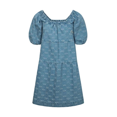 (Women) EVISU SS24 Denim Blue Jacquard Seagull Embroidered Short Sleeve Dress 2ESHTW4DR4070FFDP