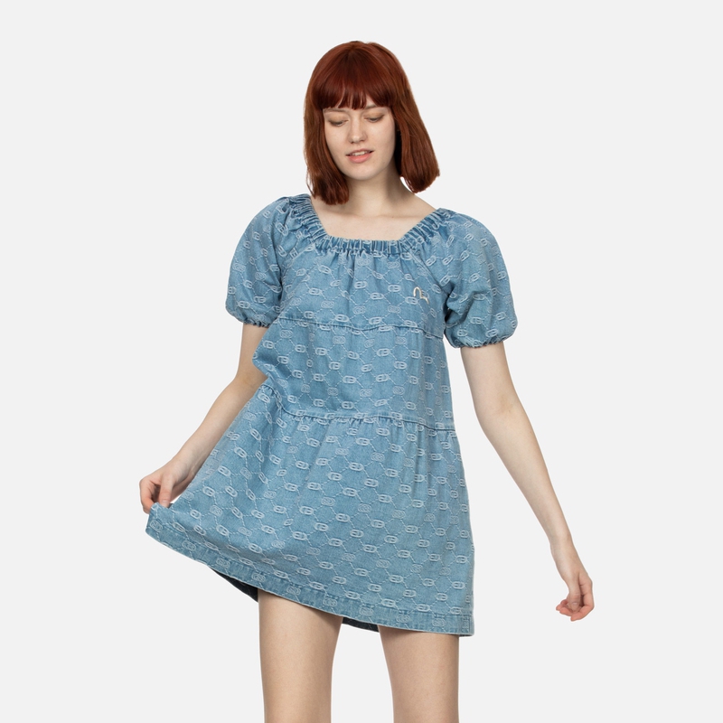 Shop (W) EVISU SS24 Vestido Corto Denim Azul Jacquard con Gaviota Bordada. 2ESHTW4DR4070FFDP