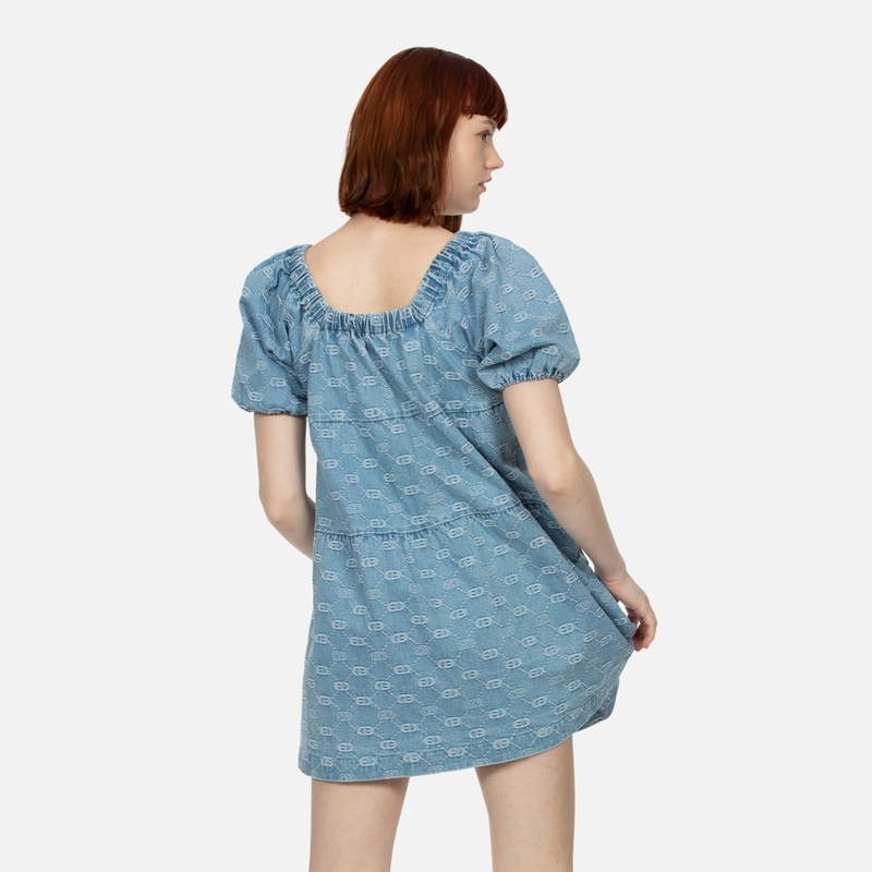 Purchase (W) EVISU SS24 Vestido Corto Denim Azul Jacquard con Gaviota Bordada. 2ESHTW4DR4070FFDP