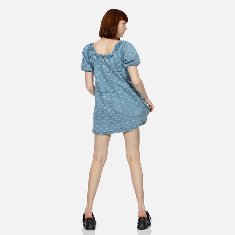 Sizing (W) EVISU SS24 Vestido Corto Denim Azul Jacquard con Gaviota Bordada. 2ESHTW4DR4070FFDP