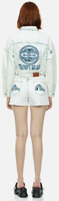 (Women) EVISU SS24 Denim Jacket with Floral & Logo Patches in Denim Blue. 2ESHTW4DJ4056FFDN Details for (Women) EVISU SS24 Denim Jacket with Floral & Logo Patches in Denim Blue. 2ESHTW4DJ4056FFDN