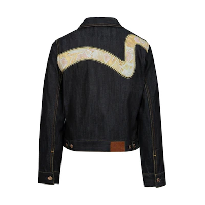 (Women) EVISU SS24 Denim Jacket with Kamon Seagull & Big M Patch in Blue. 2ESHTW4DJ4055XXDN