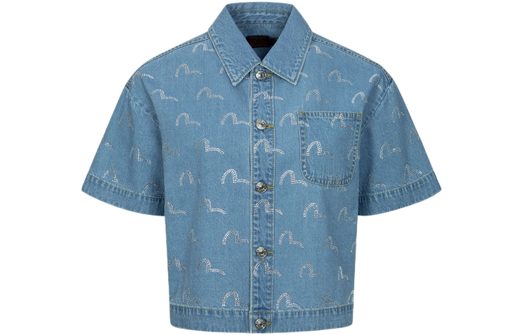 (Women) EVISU SS24  Denim Shirt with Seagull Print in Stonewashed Blue. 2ESHTW4SS4096FFDN