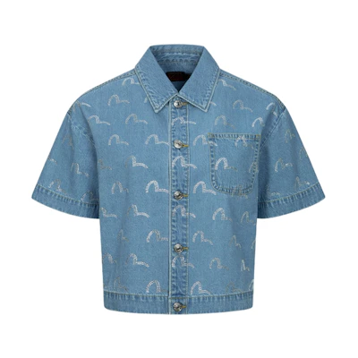 (Women) EVISU SS24 Denim Shirt with Seagull Print in Stonewashed Blue. 2ESHTW4SS4096FFDN