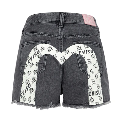 (Women) EVISU SS24 Denim Shorts Black with Logo & M Print Design. 2ESHTW4DS4018XXDN