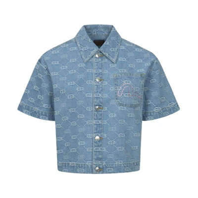 (Women) EVISU SS24 Fashion Denim Shirt Blue with Jacquard Logos and Seagull Design. 2ESHTW4SS4072FFDP