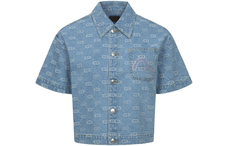 Order (W) Kemeja Denim EVISU SS24 Biru dengan Logo Jacquard dan Rekaan Burung Camar. 2ESHTW4SS4072FFDP