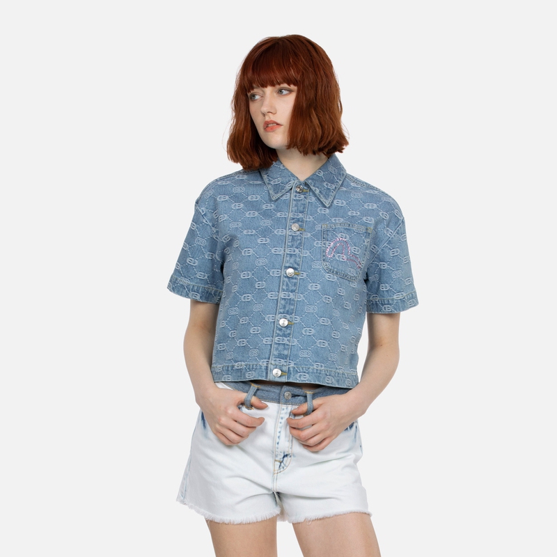 Shop (W) Kemeja Denim EVISU SS24 Biru dengan Logo Jacquard dan Rekaan Burung Camar. 2ESHTW4SS4072FFDP