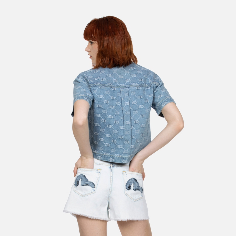 Purchase (W) Kemeja Denim EVISU SS24 Biru dengan Logo Jacquard dan Rekaan Burung Camar. 2ESHTW4SS4072FFDP