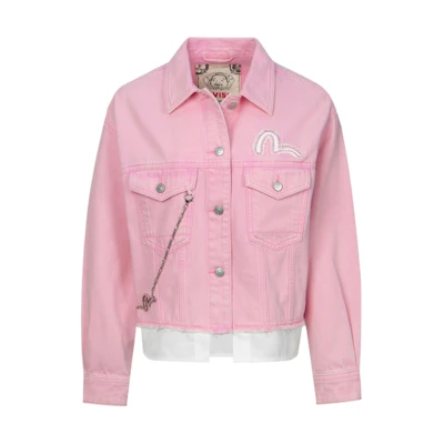(Women) EVISU SS24 Seagull Embroidered Denim Jacket in Pink Denim Style. 2ESHTW4DJ4002FFDN
