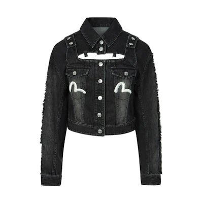 (Women) EVISU SS24 Seagull Embroidery Detachable Denim Jacket - Black. 2ESHTW4DJ4004FFDN