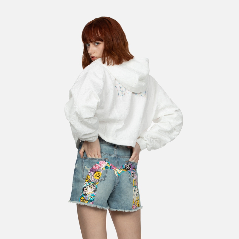(Women) EVISU SS24  White Embroidered Logo Textured Short Trench Coat. 2ESHTW4JK4005FFSN 圖 4
