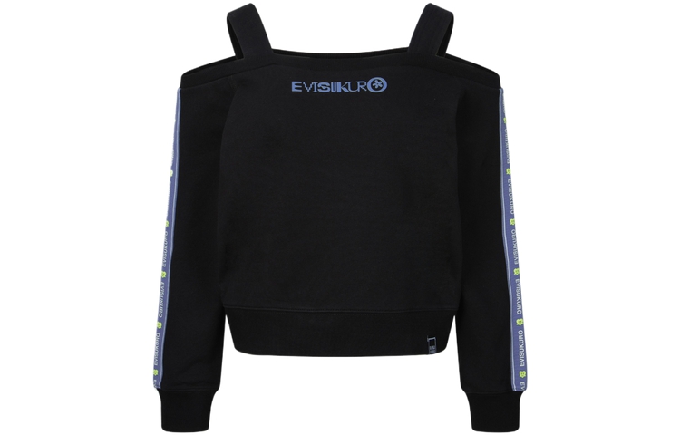 (Women) EVISU SS24 Fashion Off-Shoulder Sweatshirt Black with Logo Print Trim 2ESGNW4SW6040FFCT