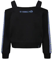 (Women) EVISU SS24 Fashion Off-Shoulder Sweatshirt Black with Logo Print Trim 2ESGNW4SW6040FFCT (Women) EVISU SS24 Fashion Off-Shoulder Sweatshirt Black with Logo Print Trim 2ESGNW4SW6040FFCT