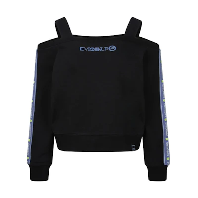 (Women) EVISU SS24 Fashion Off-Shoulder Sweatshirt Black with Logo Print Trim 2ESGNW4SW6040FFCT