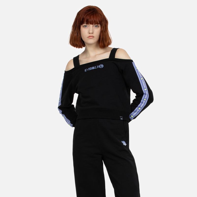 Shop (Women) EVISU SS24 Fashion Off-Shoulder Sweatshirt Black with Logo Print Trim 2ESGNW4SW6040FFCT