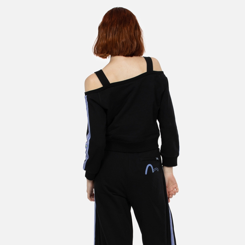 Purchase (Women) EVISU SS24 Fashion Off-Shoulder Sweatshirt Black with Logo Print Trim 2ESGNW4SW6040FFCT