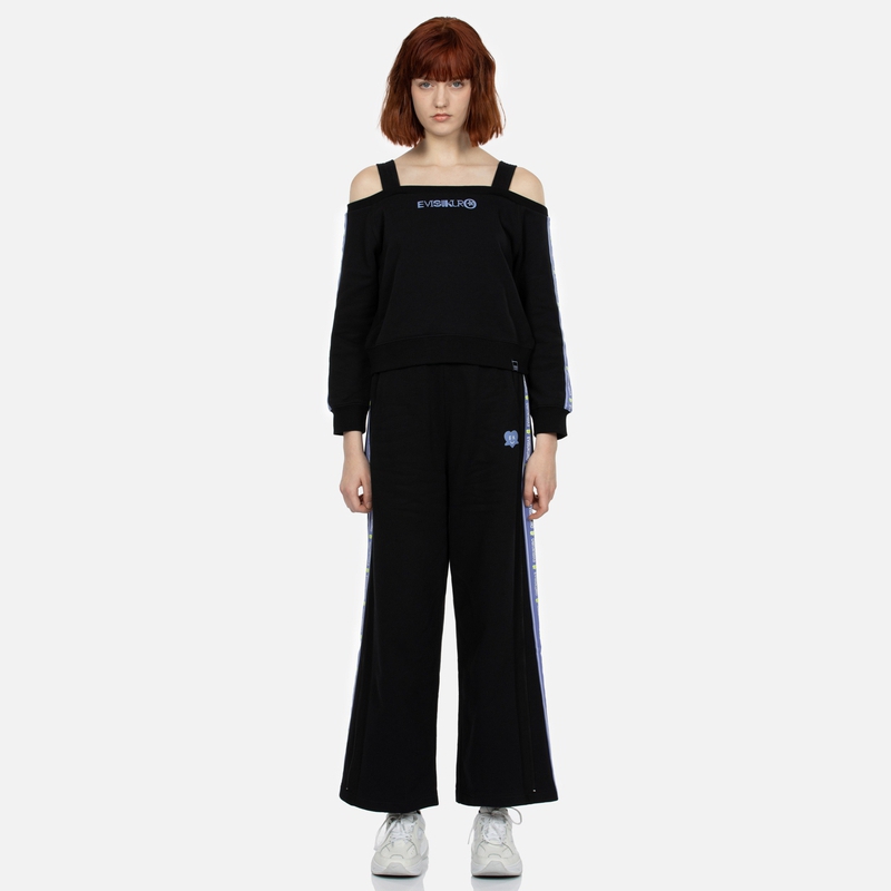 Details for (Women) EVISU SS24 Fashion Off-Shoulder Sweatshirt Black with Logo Print Trim 2ESGNW4SW6040FFCT