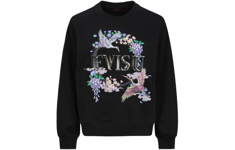 (Women) EVISU SS24 Oversized Sweatshirt Crane Floral Embroidery Black 2ESHTW4SW4073OSCT