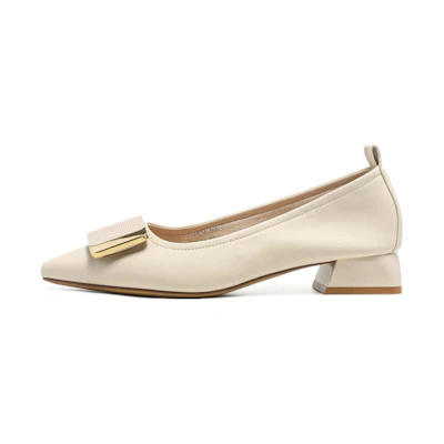 (W) Exull ESQ PU Pointed Toe Chunky Heel 'Beige Casual'