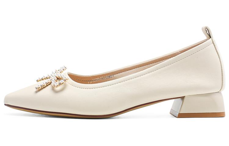 (Women) Exull Esse Q PU 'French Pointed Toe Bowtie Chunky Heel White' 7315001270