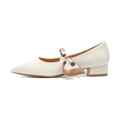 (W) EXULL Essence Chunky Heel 3cm 'Beige White' 'French Pointed Toe Pearl Elegant'
