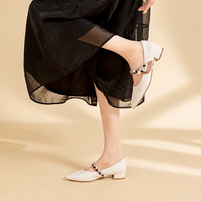 (Women) EXULL Essence Chunky Heel 3cm 'Beige White' 'French Pointed Toe Pearl Elegant' 7217005571 Cheap (Women) EXULL Essence Chunky Heel 3cm 'Beige White' 'French Pointed Toe Pearl Elegant' 7217005571