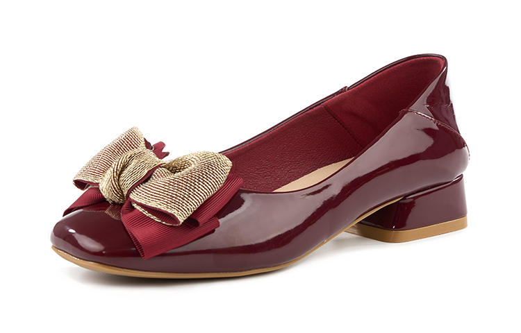 Order EXULL 依思Q PU 方頭蝴蝶結 粗跟 高跟鞋 3cm 女款 酒紅色