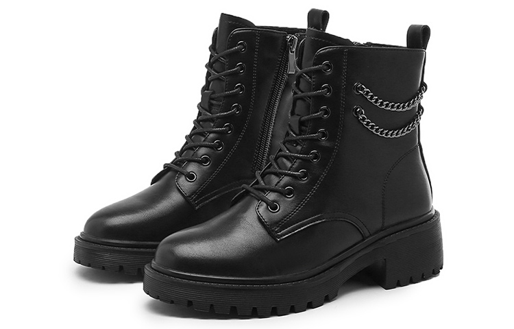 Lookbook EXULL 依思Q 皮革粗跟圓頭英倫風中筒馬丁靴 5.5cm 女款 黑色