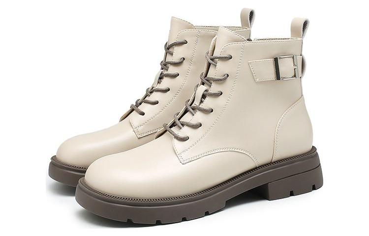 Lookbook EXULL 依思Q PU 復古英倫厚底 短筒 馬丁靴 女款 米白色