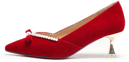 (Women) EXULL Q 6cm 'Red Velvet Pointed Toe Pearl Stiletto' 1315001510 (Women) EXULL Q 6cm 'Red Velvet Pointed Toe Pearl Stiletto' 1315001510