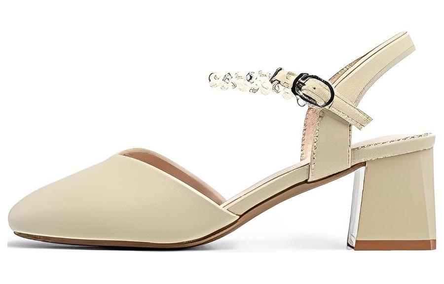 Buy EXULL 依思Q PU 後空一字帶 粗跟 高跟鞋 4.9cm 女款 杏色