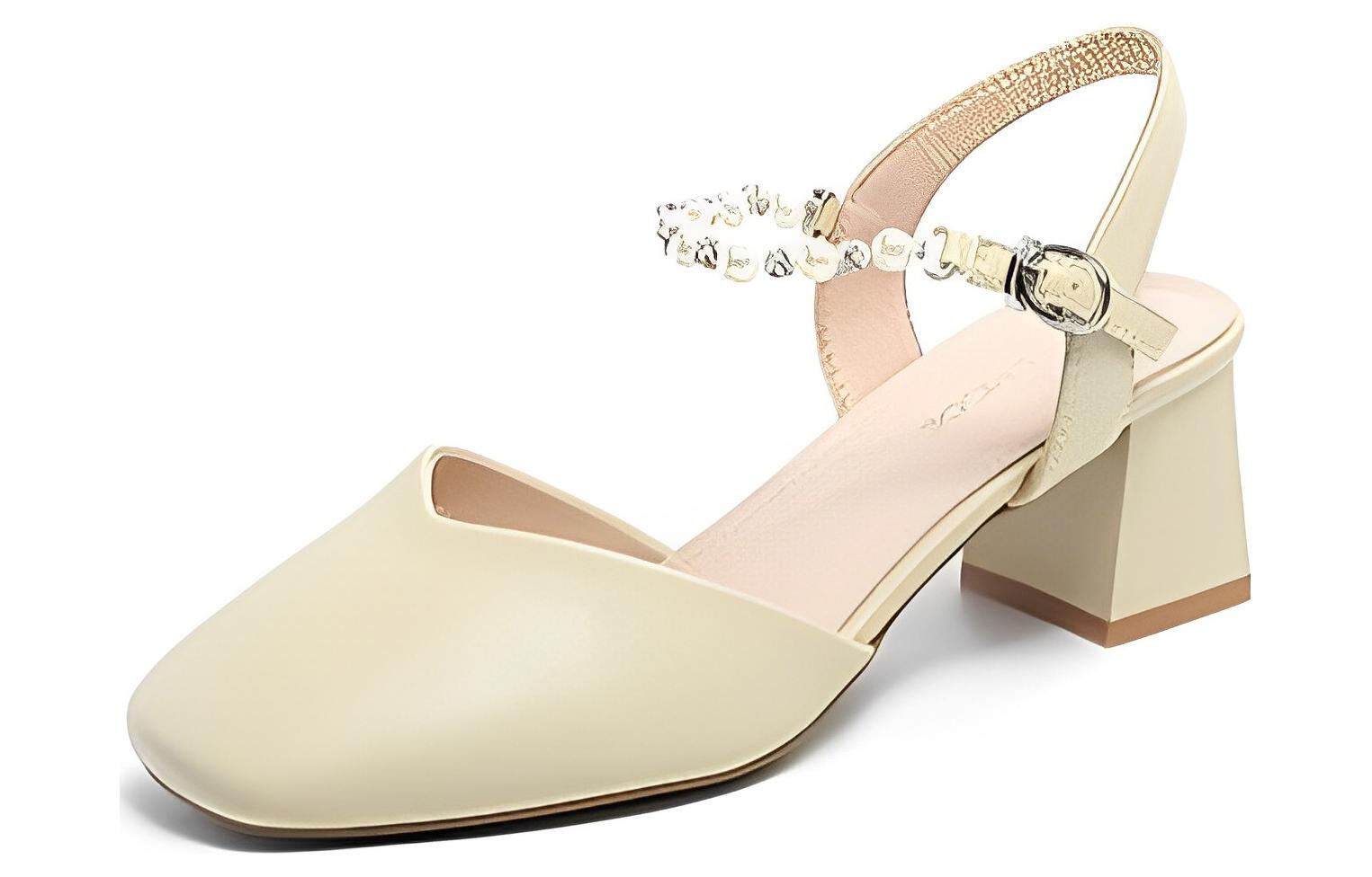 Order EXULL 依思Q PU 後空一字帶 粗跟 高跟鞋 4.9cm 女款 杏色