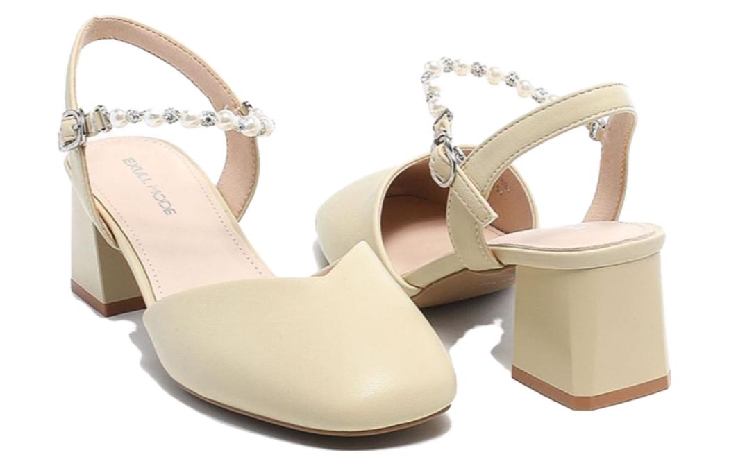 Lookbook EXULL 依思Q PU 後空一字帶 粗跟 高跟鞋 4.9cm 女款 杏色