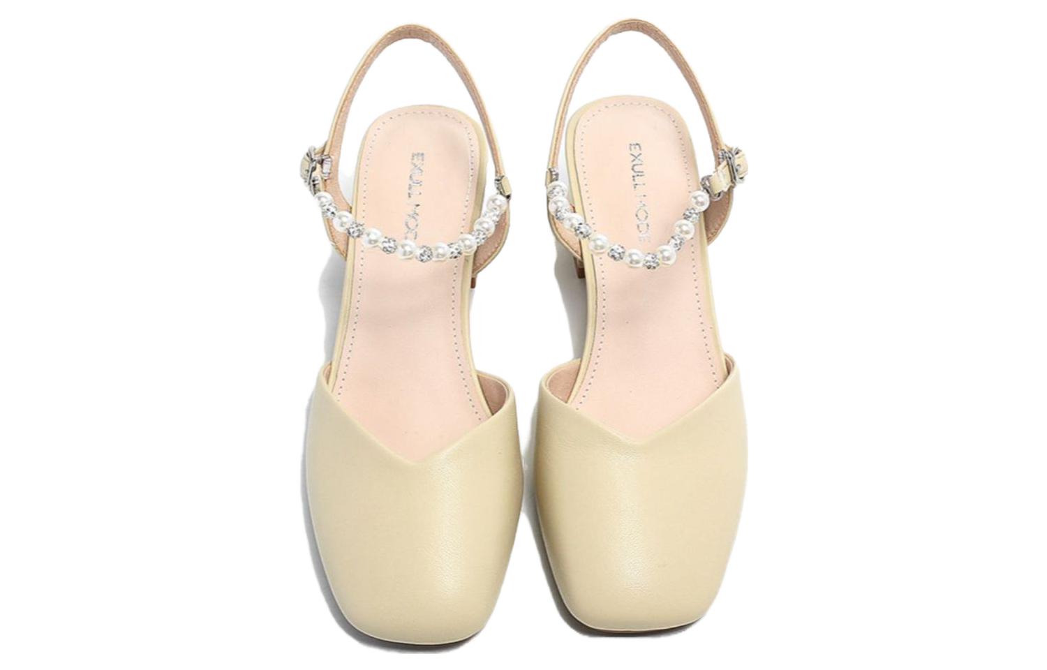 Shop EXULL 依思Q PU 後空一字帶 粗跟 高跟鞋 4.9cm 女款 杏色