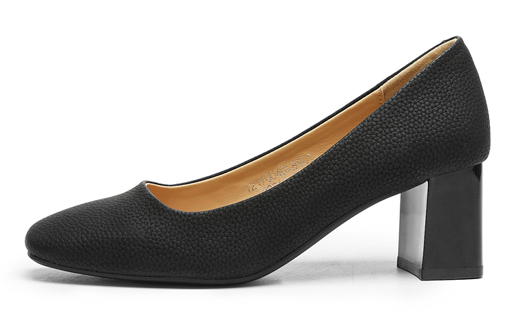 Buy EXULL 依思Q 皮革 職業軟皮荔枝紋 粗跟 高跟鞋 6cm 女款 黑色