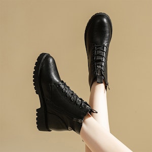 (W) Exull Q PU 'Sepatu Boots Pendek Tebal Retro Kenyamanan Hitam Sole Tebal' 1218608260 1
