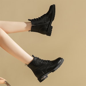 (W) Exull Q PU 'Sepatu Boots Pendek Tebal Retro Kenyamanan Hitam Sole Tebal' 1218608260 2