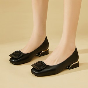 EXULL 依思Q PU 方頭紋理扣飾平底 休閒單鞋 2.8cm 女款 1