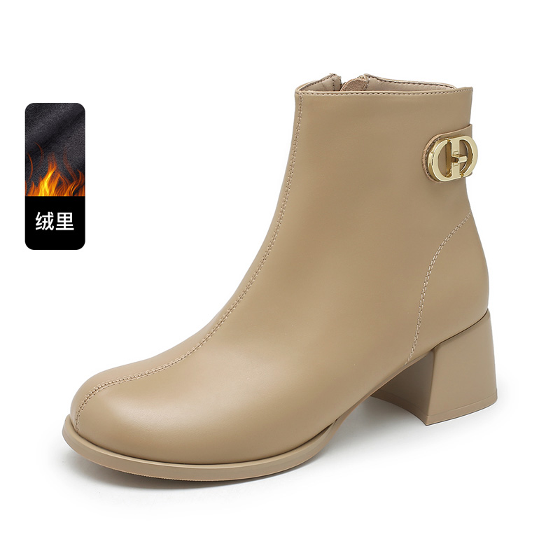 (Women) Exull Q PU Chunky Heel Round Toe Boots 'Milk Tea' 1218627197