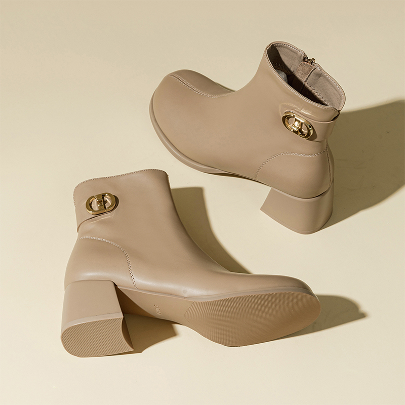 Order (W) 엑셜 큐 밀크티 PU 청키 힐 라운드토 부츠 1218627197