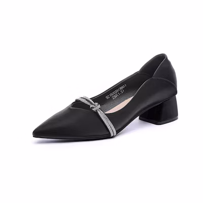 (W) EXULL Q PU Pointed Toe 'Black Chunky Heel'