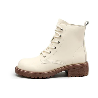 (W) Exull Q Synthetic Leather 'Simplistic British Round Toe Thick Sole Martin Boots - Beige'