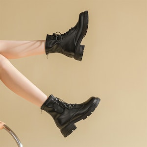 (W) Exull Q But Kasut Bertumit Kulit Sintetik 'Gaya British Hitam' 7218603660 2