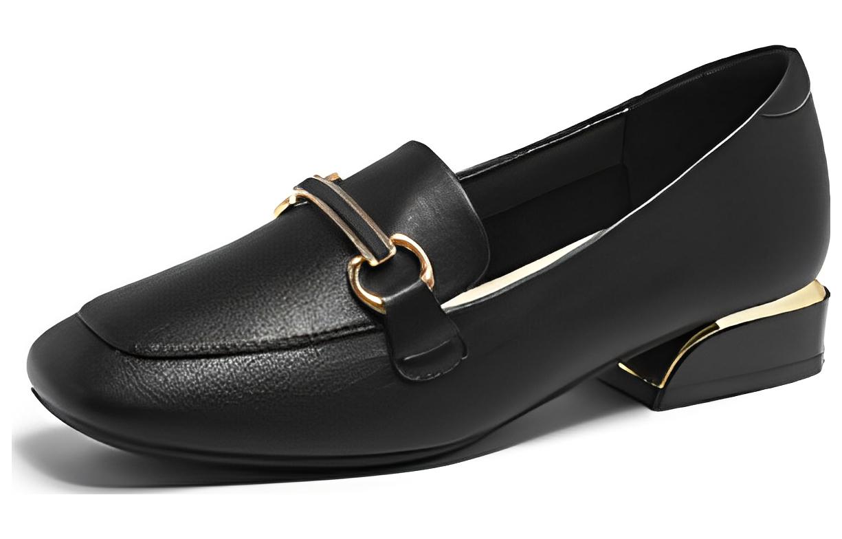 Order EXULL 依思Q 合成革一腳蹬英倫風粗跟方頭休閒單鞋 女款 黑色