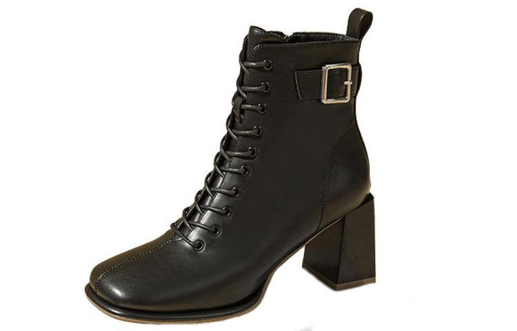 (Women) Exull Q Synthetic Leather Square Toe High-Heeled Ankle Boots 'Black' 7218607860