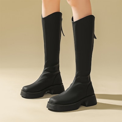 (Women) Exull Qi Synthetic Leather Round Toe Increased Height Plus Velvet 5cm High-Top Boots 'Black' 1218808160 Sizing (Women) Exull Qi Synthetic Leather Round Toe Increased Height Plus Velvet 5cm High-Top Boots 'Black' 1218808160
