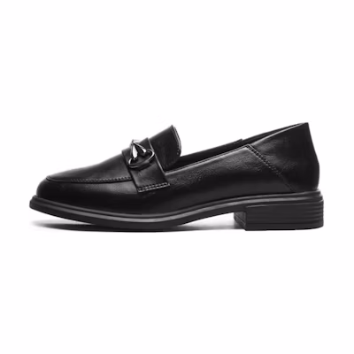 (W) Exull Yi Si Q PU Black 'Round Toe British Chunky Heel Loafer'