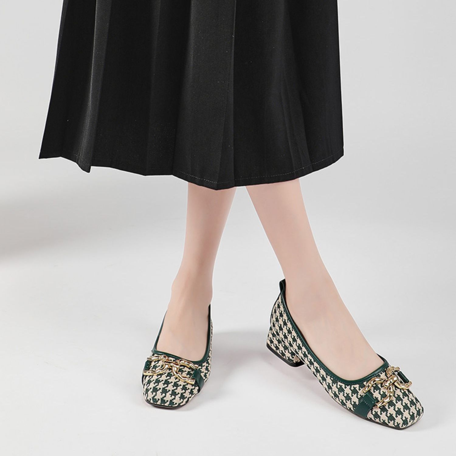 Shop EXULL 依思Q 布 千鳥格時尚 休閒單鞋 女款 綠色