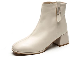 (Women) Exull Yi Si Q Leather Comfort Chunky Heel Zip Ankle Boots 'Beige' 1218602271 (Women) Exull Yi Si Q Leather Comfort Chunky Heel Zip Ankle Boots 'Beige' 1218602271